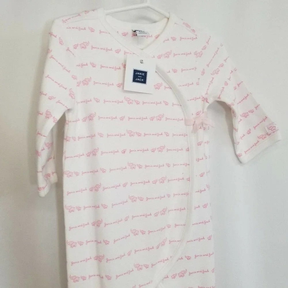 Janie & Jack Pink White Elephants Logo Footie Pajamas Sleeper 6-9 Months NWT